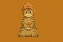 a cat wearing a beanie is holding a cup of coffee