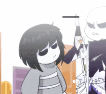 a cartoon drawing of a girl standing next to a cartoon character