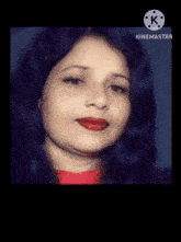 a close up of a woman 's face with red lipstick and a kinemaster logo
