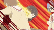 two anime characters are fighting each other in a ring .