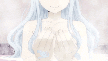 a naked anime girl with white hair and blue eyes is smiling