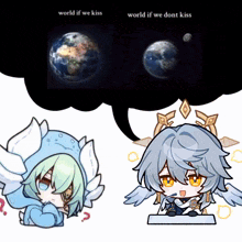 a cartoon of a girl with wings and a speech bubble that says world if we kiss and world if we don t kiss