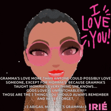 a cartoon of a woman wearing pink sunglasses with the words i love you on the bottom