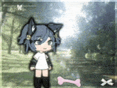 a girl with blue hair is standing next to a bone