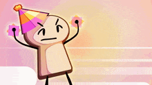 a cartoon character wearing a party hat is laying on a bed with a rainbow blanket