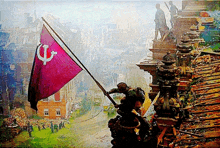 a painting of a man holding a red flag with the letter t on it