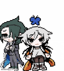a pixel art drawing of a man and a girl with a blue butterfly on their head
