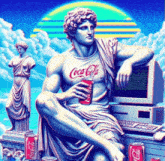 a statue wearing a coca cola shirt is sitting in front of a computer .