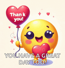 a smiley face holding a heart and a balloon that says " thank you "