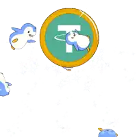 a coin with a letter t on it is surrounded by penguins