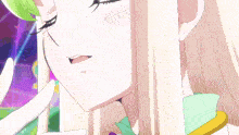 a girl with green hair has a note on her head