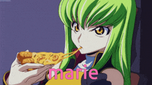 a girl with green hair is eating a slice of pizza with the name marie written in pink