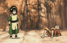 two cartoon characters are standing next to each other with one laying on the ground