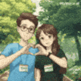a boy and a girl are making a heart shape with their hands in a park .