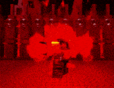 a video game character is standing in front of a wall of skulls with a red background