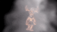 a cartoon character with horns is standing in a foggy room