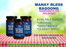 three jars of manay bless bagoong sit on a checkered tablecloth