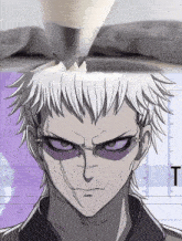 a drawing of a man with a purple eye and the letter t