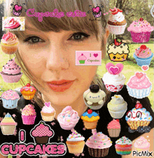 a woman is surrounded by cupcakes and the words cupcakes cute are above her
