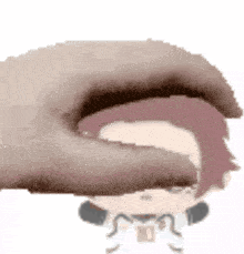a hand is touching a cartoon character 's head with a white background .