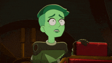 a cartoon character with green hair is holding a box
