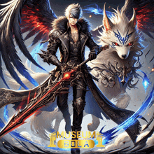 a man holding a sword standing next to a wolf with the word museum on the bottom right