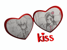 two heart shaped glasses with drawings of a man and a woman and the word kiss below them