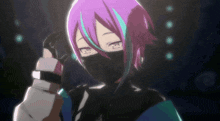 a girl with purple hair and blue stripes is wearing a black mask .