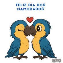 two blue and yellow birds kissing with the words feliz dia dos namorados above