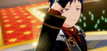 a cartoon character with blue hair and a red scarf is standing in front of a red carpet .