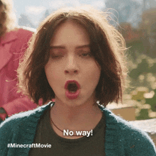 a woman with her mouth open says no way in a minecraft movie