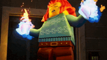 a lego character with red hair and a sweater that has the letter c on the belt