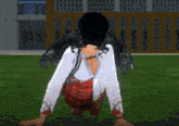 a girl in a plaid skirt is crawling on the grass