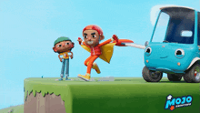 two cartoon characters standing next to a blue mojo shoptop