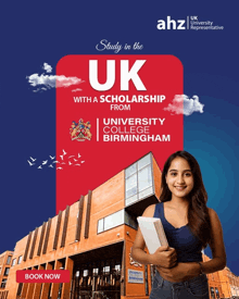 an advertisement for university college birmingham shows a woman holding a book in front of a building