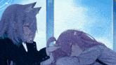 a girl with a cat ear is petting another girl 's head while they sleep