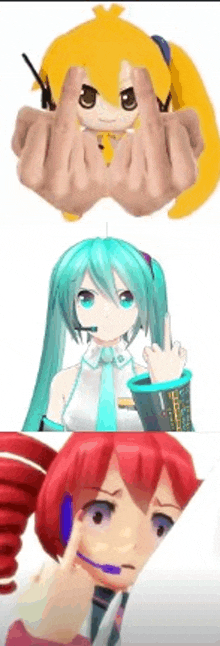 a collage of three anime girls giving the middle finger