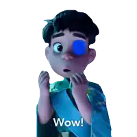 a cartoon character with a blue eye and the words wow written below him