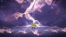 a computer generated image of a person in a green dress surrounded by purple and pink lines