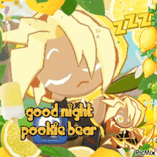 a cartoon character is surrounded by lemons and says good night pooka bear