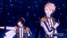 a couple of anime characters standing next to each other with castle of my heart knights written on the bottom