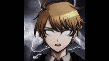 a close up of a person 's face with a lightning background .