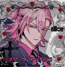 a picture of a girl with pink hair and the words join me in death on the bottom