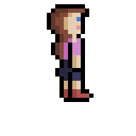 a pixel art illustration of a girl in a pink shirt and blue shorts .