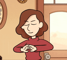 a cartoon drawing of a woman with her eyes closed and her hands folded