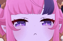 a close up of a girl with pink hair and purple eyes making a sad face .