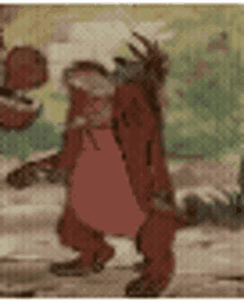 a cartoon of a bear walking down a sidewalk with a dog .