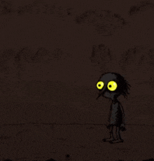a cartoon character with yellow eyes is standing in front of a wall
