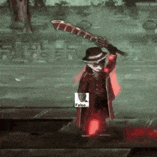 a video game character is holding a large sword with a picture of a man behind him that says false on it