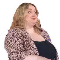 a woman wearing a leopard print jacket and a black top with a badge that says ' amanda ' on it